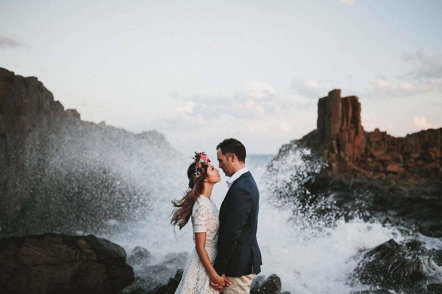 Bride and Groom photos at sunset on Cornish cliffs 
