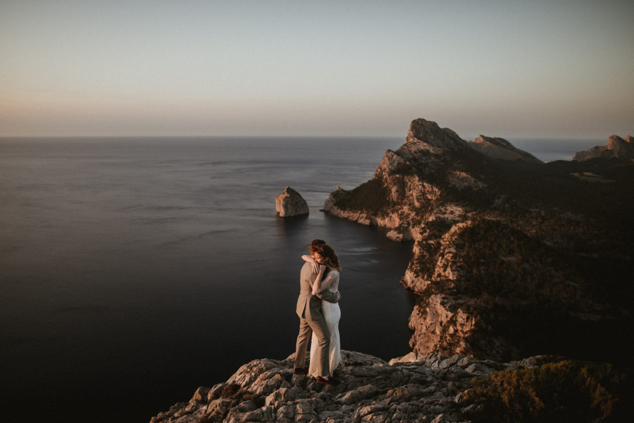 Editorial-style portrait of a couple on their wedding day