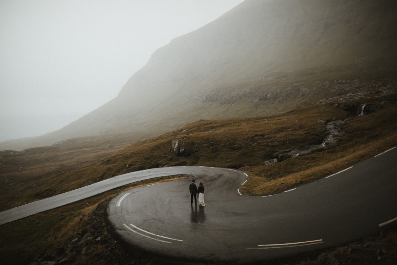 Editorial-style portrait of a couple on their wedding day